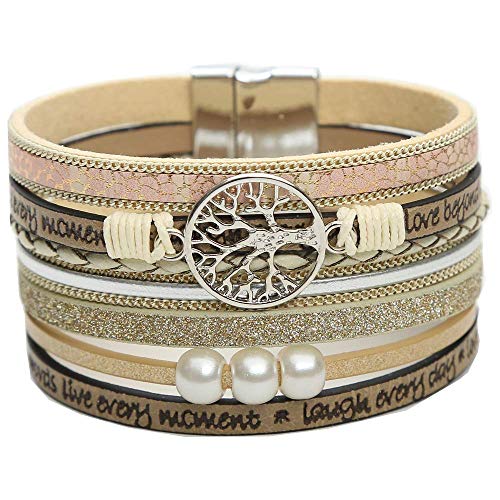 Product Cover Yolmina Boho Multilayer Leather Wrap Bracelet Handmade Wide Braided Cuff Bracelet Wristbands with Magnetic Buckle - Life of Tree Pearls CZ Bangle for Women Teen Girls with Gift Box