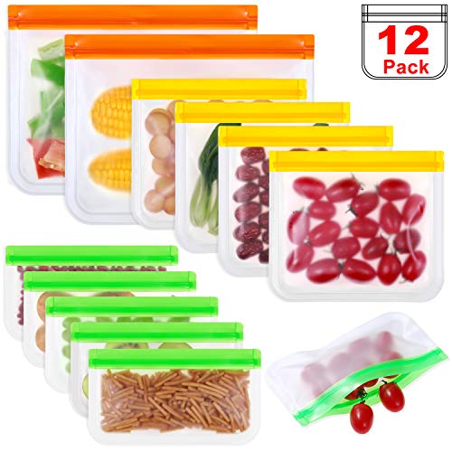 Product Cover Reusable Storage Bags, PEVA Sandwich Bag, Airtight Leakproof Freezer Bags for Lunch Snacks, Fruit Cereal Marinate Meats Food, Travel Items Home Organization, Washable Eco-Friendly,12pack
