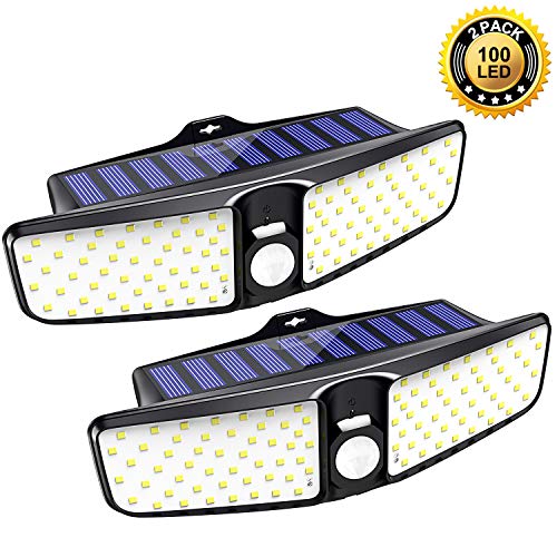 Product Cover Vproof Solar Lights Outdoor, [2 Pack] 100 LEDs Solar Motion Sensor Light Outdoor with 220° Wide Angle, IP65 Waterproof Deck Lights, Security Night Wall Light for Outside, Garage, Yard, Fence, Pathway