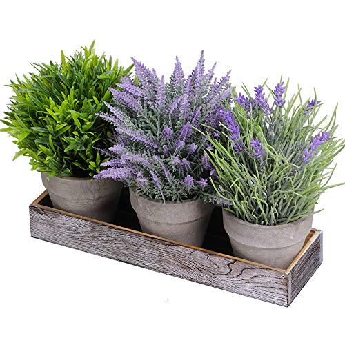 Product Cover Set of 3 Artificial Lavender Flower Grass Greenery Mini Potted Plants Assortment with Wood Planter Box for Farmhouse Kitchen Office Bathroom Table Centerpiece Rustic Country French Indoor Floral Décor