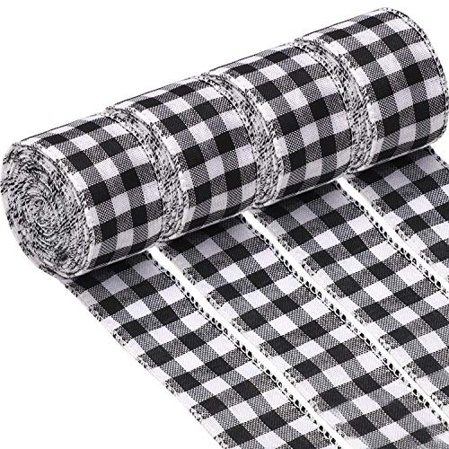 Product Cover URATOT 4 Rolls White and Black Plaid Burlap Christmas Wrapping Ribbon Gingham Christmas Tree Bows Wired Plaid Ribbon for Crafts Decoration, Christmas Wreaths Craft(White and Black, 5cm x 6m)