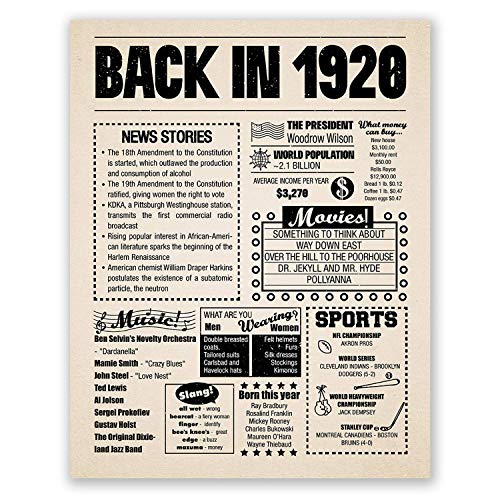 Product Cover 8x10 1920 Birthday Gift // Back in 1920 Newspaper Poster // 100th Birthday Gift // 100th Party Decoration // 100th Birthday Sign // Born in 1920 Print