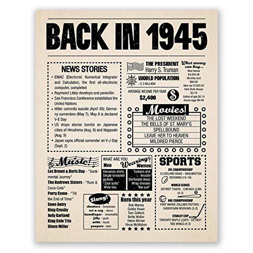 Product Cover 8x10 1945 Birthday Gift // Back in 1945 Newspaper Poster // 75th Birthday Gift // 75th Party Decoration // 75th Birthday Sign // Born in 1945 Print