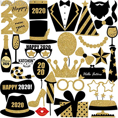 Product Cover New Years Photo Booth Props - Pack of 30 - Real Glitter | 2020 New Years Eve Photo Props | Great for New Years Eve Party Supplies 2020 | Happy New Year Party Decorations 2020 | NYE Props, DIY Required