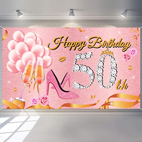 Product Cover Rose Gold 50th Birthday Background Large Pink 50th Anniversary Banner Poster for 50th Party Decoration Carnival Theme Party Photo Booth Backdrop for Large Party Decoration for Woman