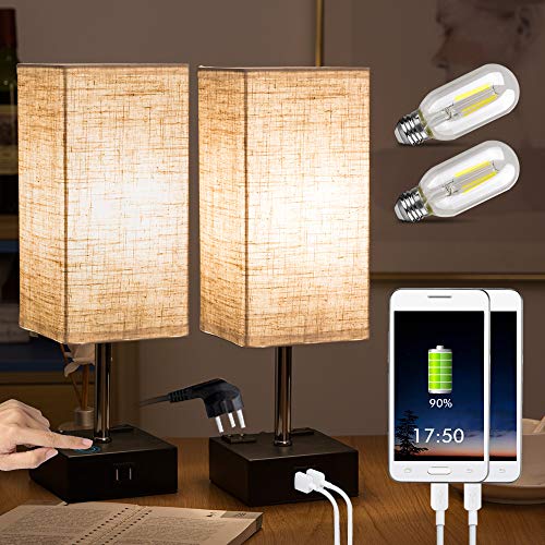 Product Cover ZEEFO Touch Bedside Lamps Built-in Dual USB Charging Ports, 2 AC Outlets, Two Edison Dimmable LED Bulbs Include, Minimalist Design Touch Dimmable USB Desk Lamps Perfect for Bedroom,Office (Set of 2)