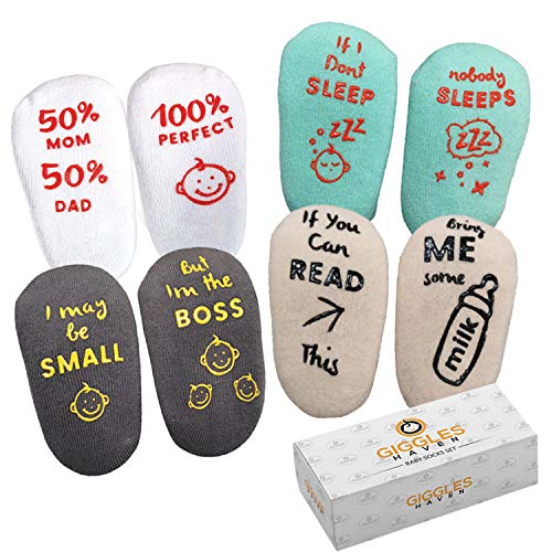 Product Cover Baby Socks 4-Pair Gift Set -Infant Essentials with Funny Sayings -Non-Skid Gripper Socks to Prevent Slip or Fall -Designed for Safety and Comfort -Unique Baby Shower Gift for 6-24 Months Girls or Boys