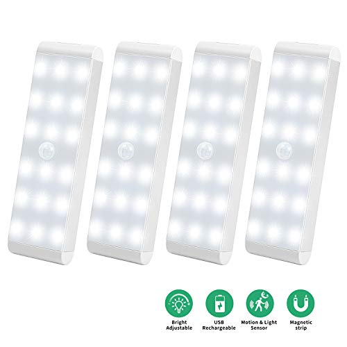 Product Cover LED Closet Light,18-LEDs Newest Version Rechargeable Motion Sensor Closet Light Under Cabinet Wireless Stick-Anywhere Night Light Bar with Large Battery for Stairs,Wardrobe,Kitchen,Hallway (4 Packs)