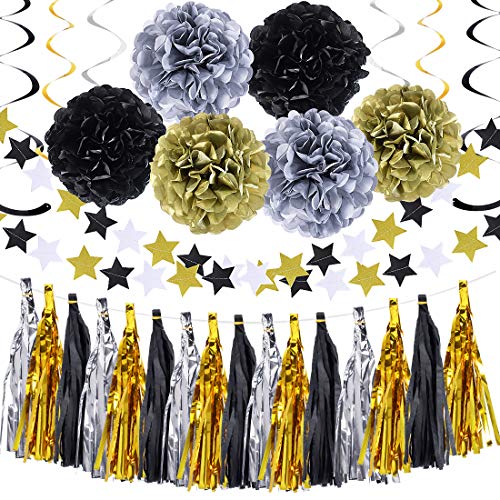 Product Cover Black Gold Silver Party Supplies Decorations Tissue Paper Pom Pom Flowers Tassel Garland Banner for Graduation Wedding(Black,Gold,Silver)