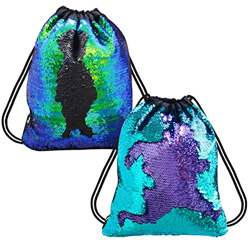 Product Cover Sequin Drawstring Bag 2 Pack, Sequin Mermaid Backpack, Reversible Sequin Dance Bags Backpacks for Girls Kids (Green/Black & Blue/Purple)