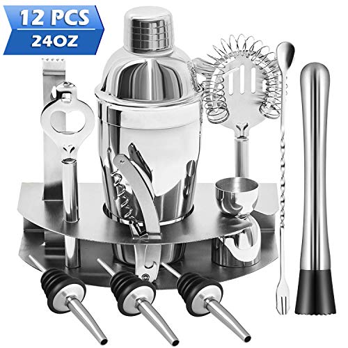 Product Cover Cocktail Shaker Set, Bsyexcellent 12 Piece Bartender Kit Bar Tool with Bar Accessories, Stand, Stainless Steel Martini Mixer, Drink Mixing Spoon, jigger, Bottle Opener, Pour Spouts, Home Bartending