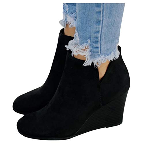 Product Cover Women's Wedges Ankle Booties Retro V Cutout Comfy Short Boots Flock Leather Zip Closure Stacked Chunky Block Heels Shoes