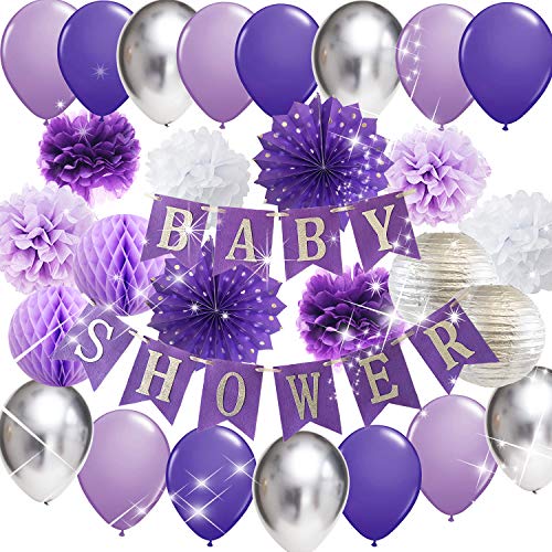 Product Cover Purple Elephant Baby Shower Decorations Baby Shower Banner Purple Silver Latex Balloons Polka Dot Paper Fans for Girl Baby Shower Photo Backdrop Purple Elephant Baby Shower Decorations