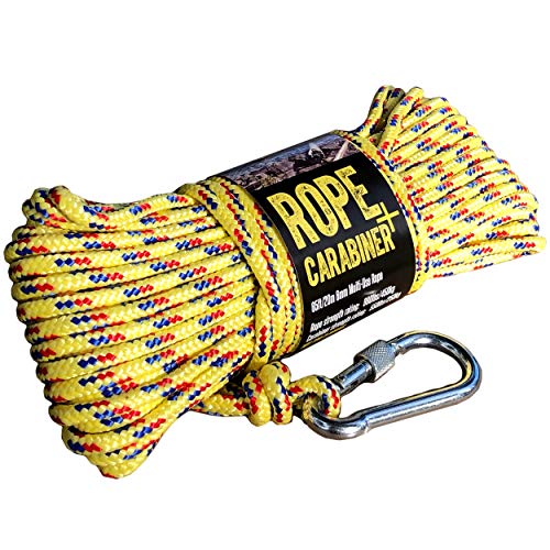 Product Cover CactusBloom Rope and Locking Carabiner Clip - 65 feet / 20 Meters Strong Braided Cord for Magnet Fishing, Gear Ties, Outdoor, Survival, Kayaking, Backpacking, Rescue, Anchor, Boat, Lift, Camping