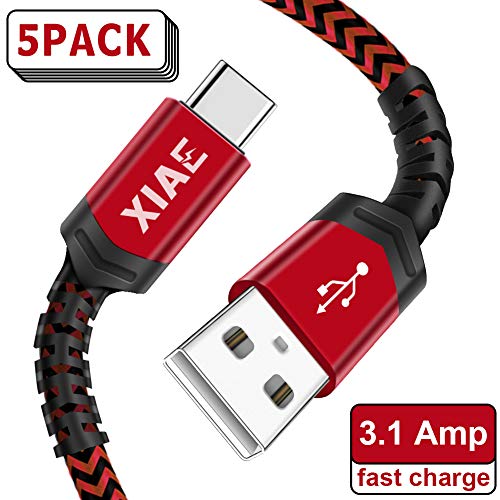 Product Cover USB C Cable,XIAE 5Pack (3/3/6/6/10FT) USB-A to Type C Nylon Braided Fast Charging Cable Aluminum Housing Compatible with Samsung Galaxy S10 S9 Note 9 8 S8 Plus,LG V30 V20 G6,Huawei P30/P20-Black&Red