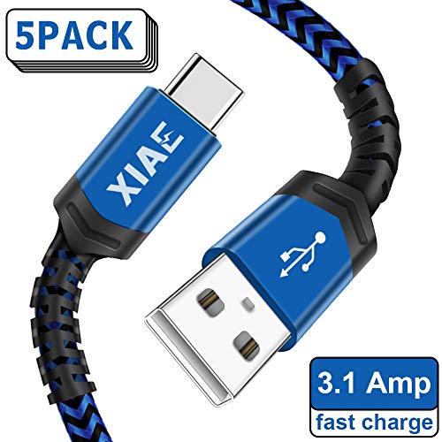 Product Cover USB C Cable,XIAE 5Pack (3/3/6/6/10FT) USB-A to Type C Nylon Braided Fast Charging Cable Aluminum Housing Compatible with Samsung Galaxy S10 S9 Note 9 8 S8 Plus,LG V30 V20 G6,Huawei P30/P20-Navy&Blue