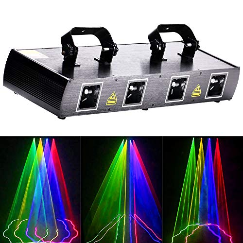 Product Cover U`King Mini Dj Lights Party Lights 4 Beam Effect Sound Activated Strobe Light RGBY LED Music Lights By DMX Control for Disco Dancing Birthday Bar Pub Stage Lighting