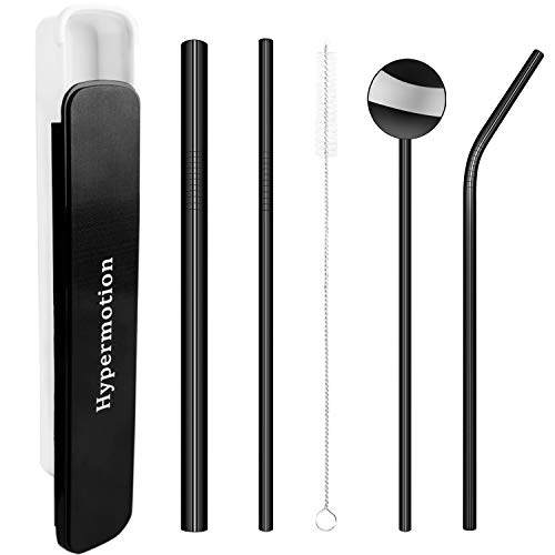 Product Cover Metal Straws, Hypermotion 5 Pcs Reusable Stainless Steel Drinking Straw Set with Travel Case Cleaning Brush for Drink Fruit Juice Wine Milk Tea Food Grade BPA Free