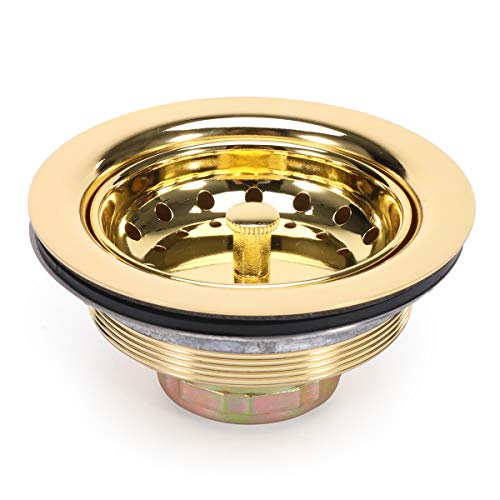 Product Cover KONE 3-1/2 Inch Kitchen Sink Stainless Steel Basket Strainer Water Stopper With Drain Assembly, Gold Finish Rustproof And Durable