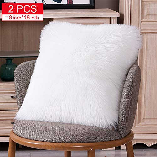 Product Cover TGOOD 2 PCS Double-Sided Faux Fur Christmas Winter Throw Pillow Covers Set,Cushion Cases,Soft Soild Decorative Square,Pillowcases for Sofa Bedroom Car White 18x18 inch