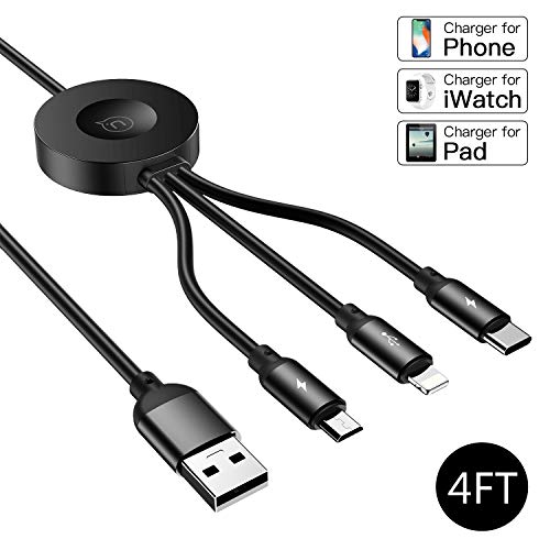 Product Cover 4 in 1 Multi Charging Cable, USAMS 4FT Portable USB Cable Charger Cord Adapter with Phone/Type C/Micro USB Port Connectors for Cell Phones Tablets and Wireless iWatch Series