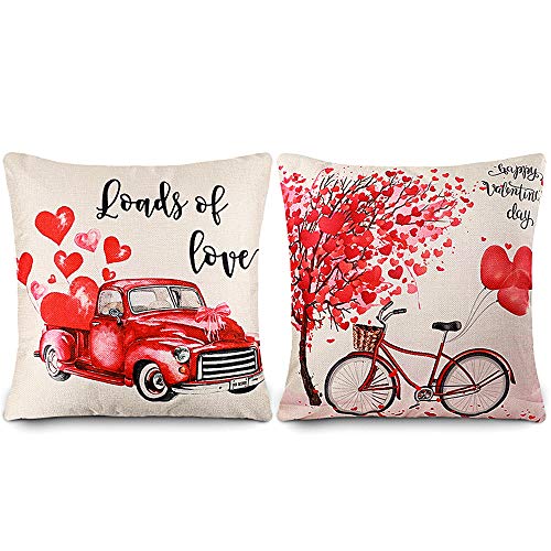 Product Cover CDWERD 2pcs Valentines Throw Pillow Covers 18x18 Inches Bicycle and Truck Happy Valentine's Day Decorations Cotton Linen Cushion Case Valentine Gift or Home Decor for Couch Sofa Car Office