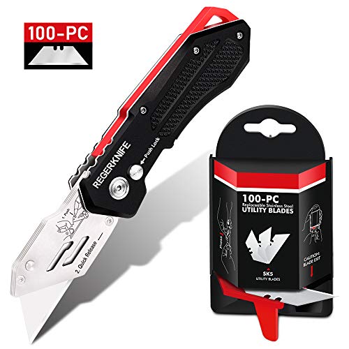 Product Cover Folding Utility Knife with SK5 Blades 100Pack, RegerKnife Heavy Duty Box Cutters Carpet Knife with Pocket Clip, Lock-Back, Quick Change Blades for Cutting Carton, Leather, Aluminum, PVC Sheet, Fabric