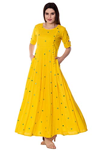 Product Cover Arayna Women's Round Neck Embroidered Rayon Summer Casual Swing Dress Gown Flared Skirt with Pockets, Yellow
