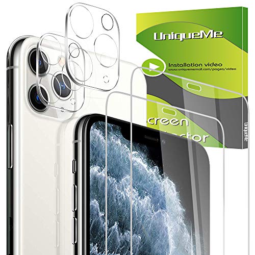 Product Cover [4 Pack] UniqueMe 2 Pack Camera Lens Protector for iPhone 11 Pro + Screen Protector for 2 Pack iPhone 11 Pro Tempered Glass [New Version] Add Cameras Flash Circle
