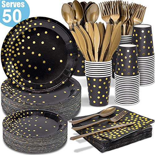 Product Cover Black and Gold Party Supplies - 350 PCS Disposable Dinnerware Set - Black Paper Plates Napkins Cups, Gold Plastic Forks Knives Spoons for Birthday Graduation Christmas 2020 New Years Eve Party
