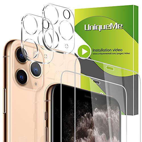 Product Cover [4 Pack] UniqueMe 2 Pack Camera Lens Protector for iPhone 11 Pro Max + 2 Pack Screen Protector for iPhone 11 Pro Max Tempered Glass [New Version] Add Cameras Flash Circle
