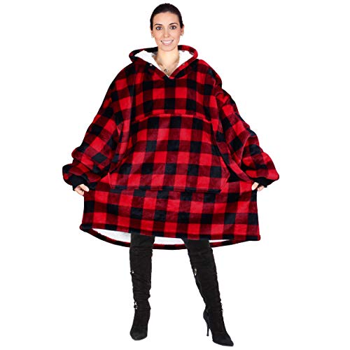 Product Cover Catalonia Oversized Hoodie Blanket Sweatshirt,Super Soft Warm Comfortable Sherpa Giant Pullover with Large Front Pocket,for Adults Men Women Teenagers Kids Wife Girlfriend,Buffalo Plaid(Red Black)