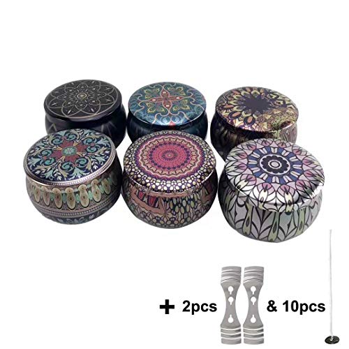 Product Cover 6 Pcs DIY Candle Tin Jars, Candle Making Kits Metal Containers Reusable European Style Candle Holder Storage Case for Homemade Tealights with 10 Pcs Wicks & 2 Pcs Wick Centering Devices