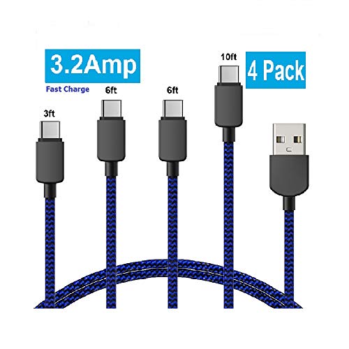 Product Cover Riksoin USB C Cable 3A Fast Charging,4 Pack(3/6/6/10FT) USB A to Type C Charger Nylon Braided Cord for Samsung Galaxy S10/S10plus S9 S8 Note 9/8, LG, Huawei P30/P20 (Blue)