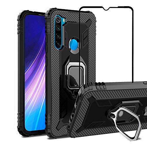 Product Cover VICEANICS for Xiaomi Redmi Note 8 case with Tempered Glass Screen Protector, Soft TPU Armor Case Cover Reforced Cornors with Magnetic Finger Ring Holder Kickstand, Black