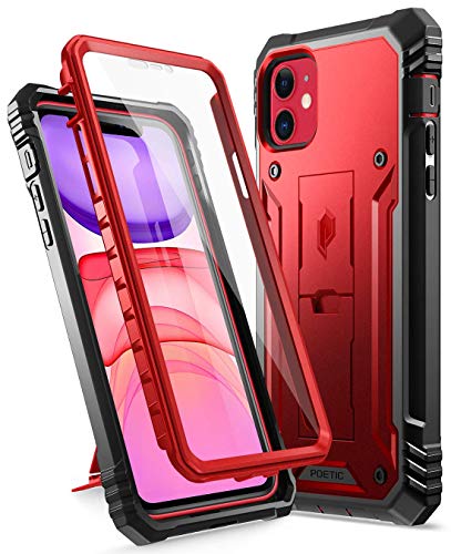 Product Cover iPhone 11 Rugged Case with Kickstand, Poetic Full-Body Dual-Layer Shockproof Protective Cover, Built-in-Screen Protector, Revolution Series, for Apple iPhone 11 (2019) 6.1 Inch, Metallic Red