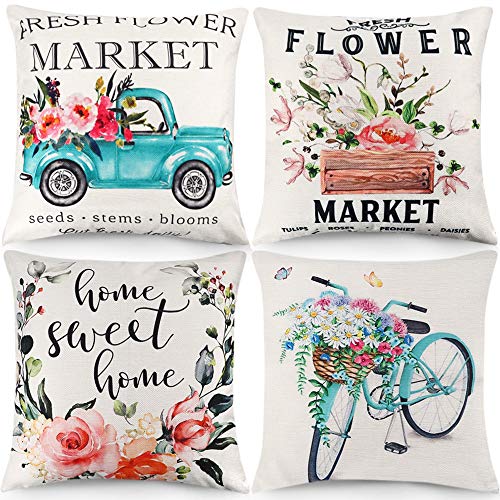 Product Cover CDWERD 4pcs Spring Throw Pillow Covers Fresh Flower Market 18x18 Inches Spring Decorations Farmhouse Pillowcase Cotton Linen Cushion Case for Spring Home Décor