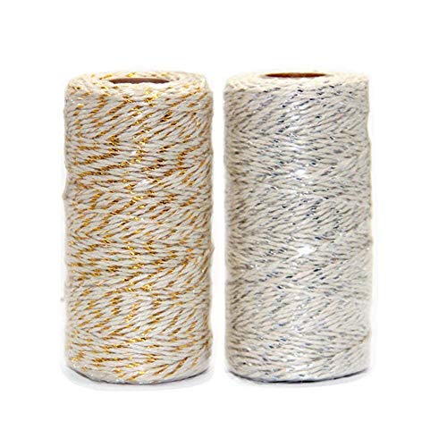 Product Cover Ewparts 2 Roll Christmas Wrapping Twine, Gold Wire Combined Cotton Twine Cording for Christmas, DIY Arts Threading Decorations, Baking 100M/328Feet Each Roll (Gold&White, 2MM)