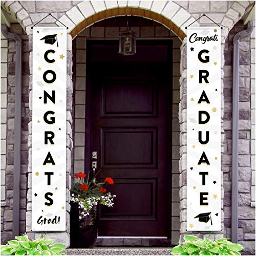 Product Cover Joyousa Graduation Party Supplies 2020 - Door Porch Hanging Graduation Banner Decorations Outdoor Signs - Black & Gold Decor