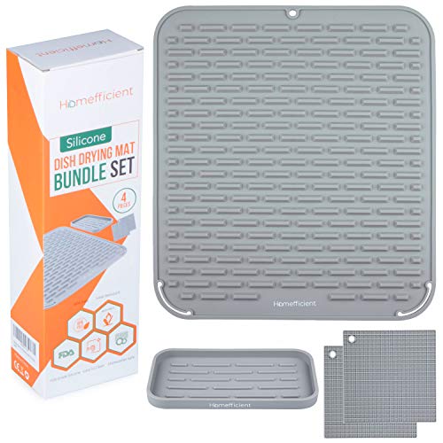 Product Cover Homefficient Silicone Dish Drying Mat - Drying Mat Bundle Set for Kitchen - Non-Skid Surface Counter Top Dish Mat - Dish Strainer Mat With Heat Resistant Trivets & Kitchen Sink Organizer (Gray)