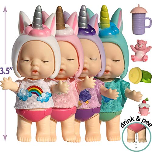 Product Cover Unicorn Dolls That Drink n Pee - Unicorn Gifts for Girls - Unicorn Toys Baby Doll Set w Toy Accessories - 4 Sleeping Mini Baby Dolls for Girl - BPA FREE Unicorn Birthday Stuff for 4 Year Old Girls
