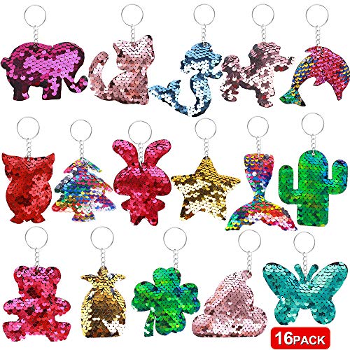 Product Cover Balhvit Two Sides Flip Sequin Keychain for Kids, Colorful Lovely Girls Party Favors Cat Dolphin Clover etc, Durable Party Favors for Kids Girls Adults Decoration Prize Gifts, 16 Designs