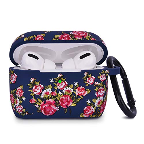 Product Cover AIRSPO Silicone Cover Compatible AirPods Pro Case Floral Print Protective Case Skin for Apple Airpod Pro Charging Case 2019 LED Visible Shock-Absorbing Soft Slim Silicone Case (Navy-Rose)