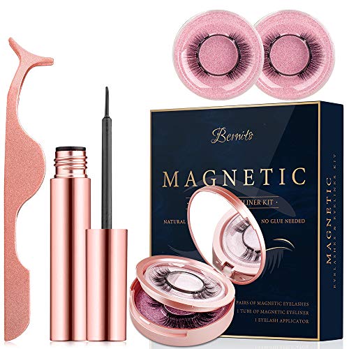 Product Cover Magnetic Eyeliner and Lashes 4 Pairs, Reusable Waterproof Natural Look 3D Magnetic Eyelashes with Eyeliner Kit, 5 Magnets False Lashes and Liner with Applicator