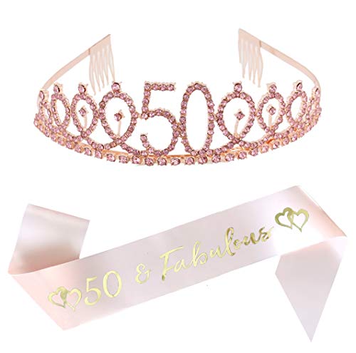 Product Cover 50th Birthday Party Supplies 50th Birthday Tiara and Sash Kit Rose Gold Rhinestone Princess Crown and 50 Fabulous Glitter Satin Sash for Happy Birthday Party Favors, Decorations