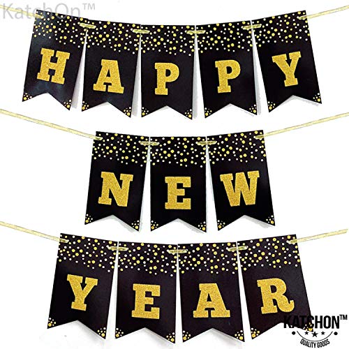 Product Cover Happy New Year Banner Sign - Large Size | No DIY | Real Glitter | New Years Eve Party Supplies 2020 | Happy New Year Party Decorations 2020 | NYE Decorations | Black and Gold New Years Eve Decorations