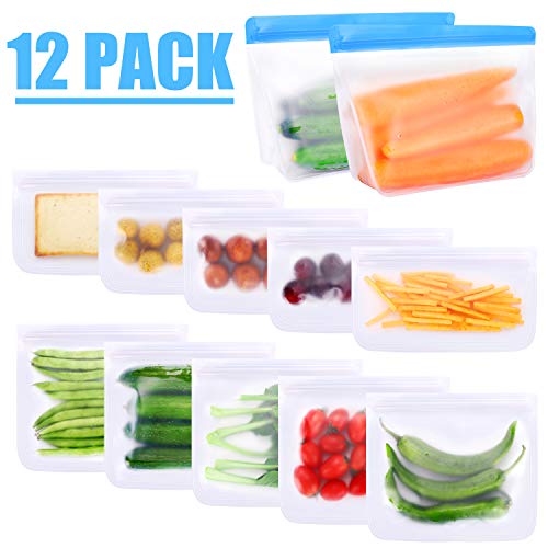 Product Cover Reusable Storage Bags for Food Gallon 12 Pack (2 Stand-up Reusable Gallon Bags + 5 Reusable Sandwich Bags + 5 Reusable Snack Bags) Extra Thick BPA Leakproof Reusable Freezer Ziplock Bags