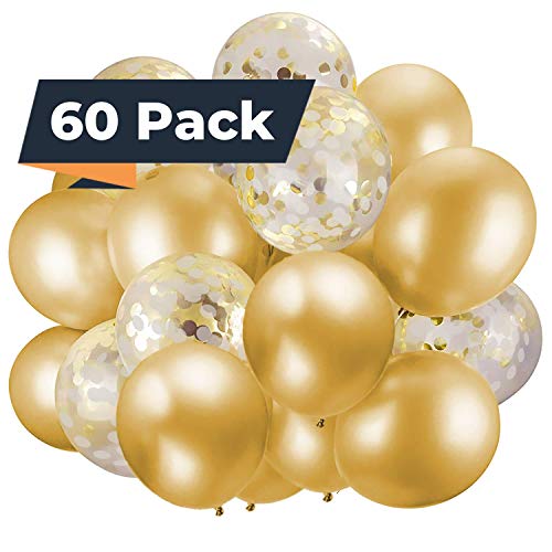 Product Cover 60 Pack Gold Balloons + Gold Confetti Balloons w/Ribbon | Balloons Gold | Gold Balloon | Gold Latex Balloons | Golden Balloons | Party Balloons 12 inch | Clear Balloons with Gold Confetti |