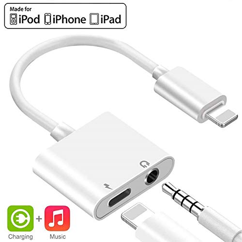 Product Cover [Apple MFi Certified] Lightning to 3.5mm Headphone Adapter, 2 in 1 Lightning to 3.5mm Headphone Audio & Charger Splitter Compatible for iPhone 11/11 Pro/XR/XS/8, iPad, Support Calling & Music Control