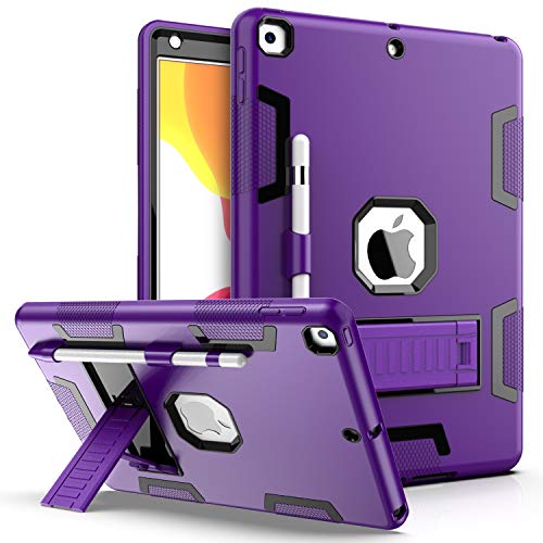 Product Cover QQCASE for iPad 10.2 Case 2019,New iPad 7th Generation Case,Three Layer Shockproof Kickstand Anti-Scratch Hybrid Silicone Protective Case for Apple iPad 10.2 inch 2019 Release Purple Black